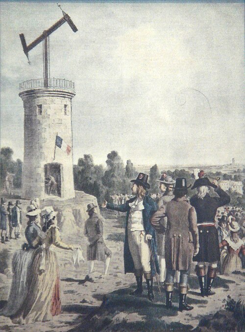 A crowd watches a Chappe semaphore tower with its signalling arms raised