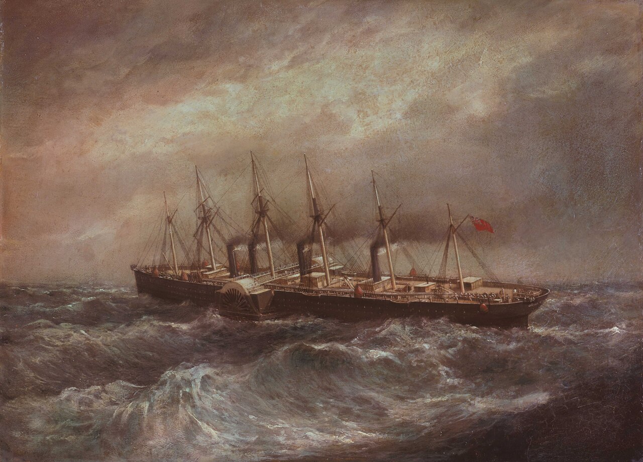 The steamship Great Eastern in a heavy sea while laying the Atlantic cable